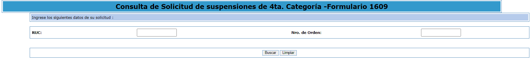 Consulta de solicitud de suspensiones de cuarta categoría de SUNAT, que pide RUC y número de orden